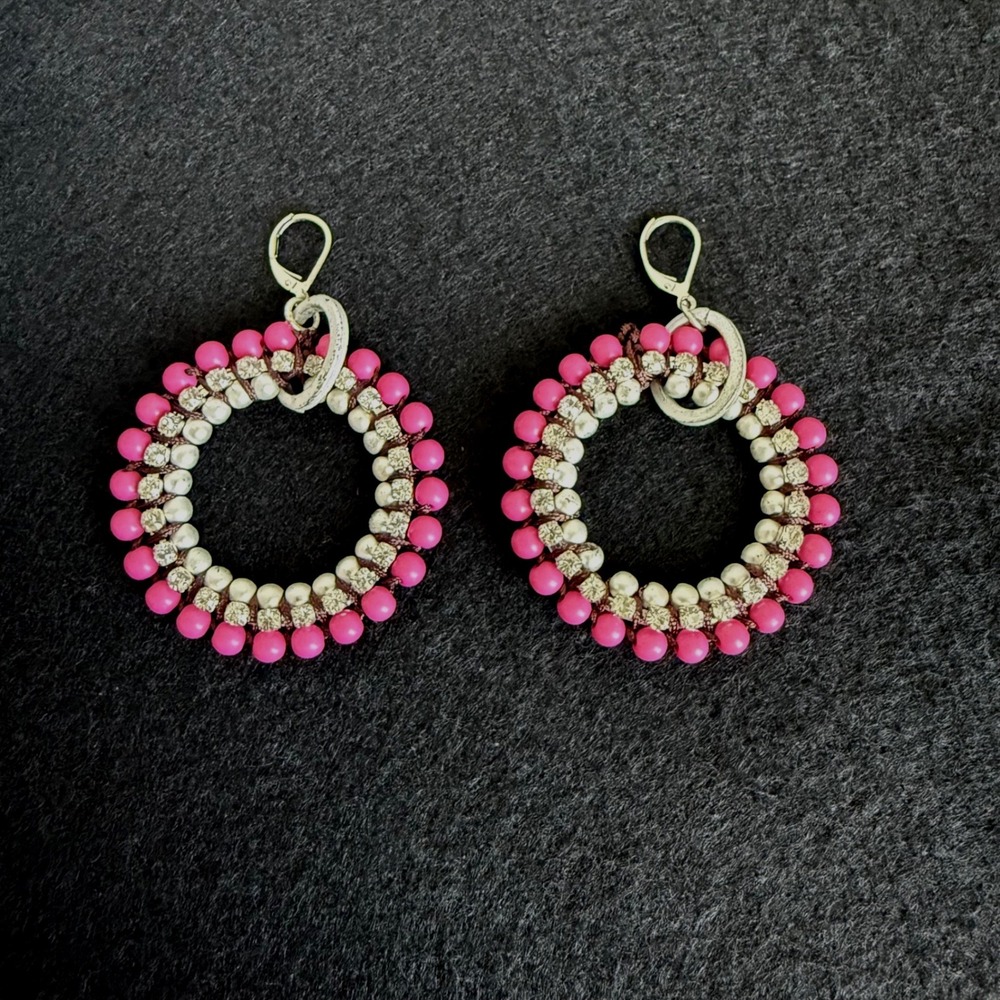 Hoop Earrings Women Pink White Beaded Rhinestone Woven Statement Boho Retro Y2K